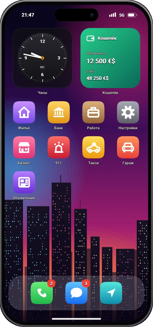 The Neonesis phone home screen: clock, wallet and apps